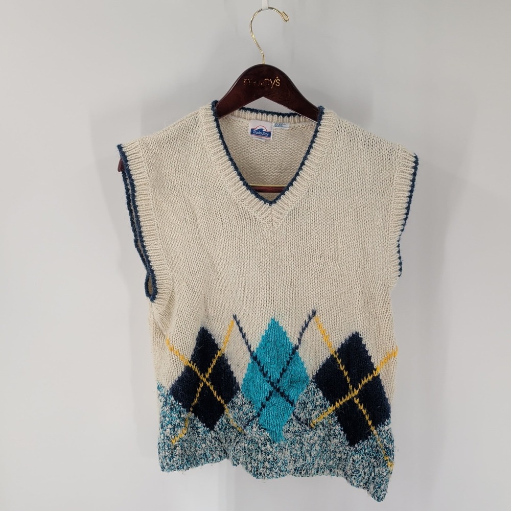 Vintage 90's Trader Bay V-Neck Argyle Pullover Sweater Vest Ivory Black Size L